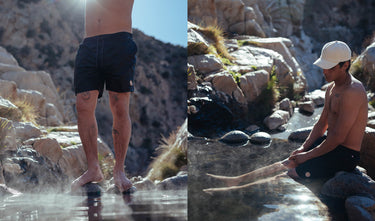 Two side by side lifestyle shots of the Clean Swell Poolshort 
