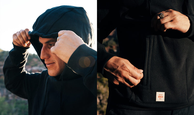 Side by side lifestyle shots of Burly Hoodie