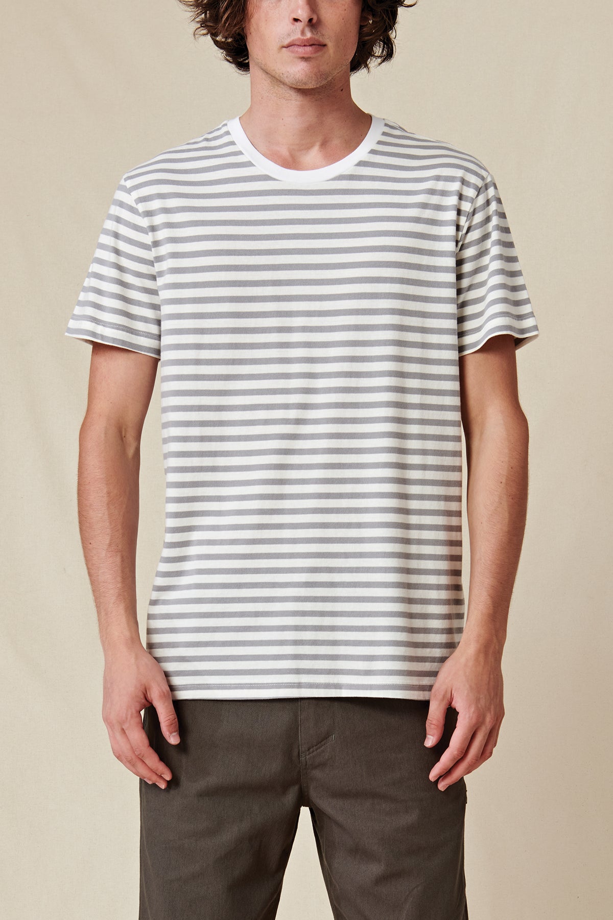 front view of Globe white striped tee