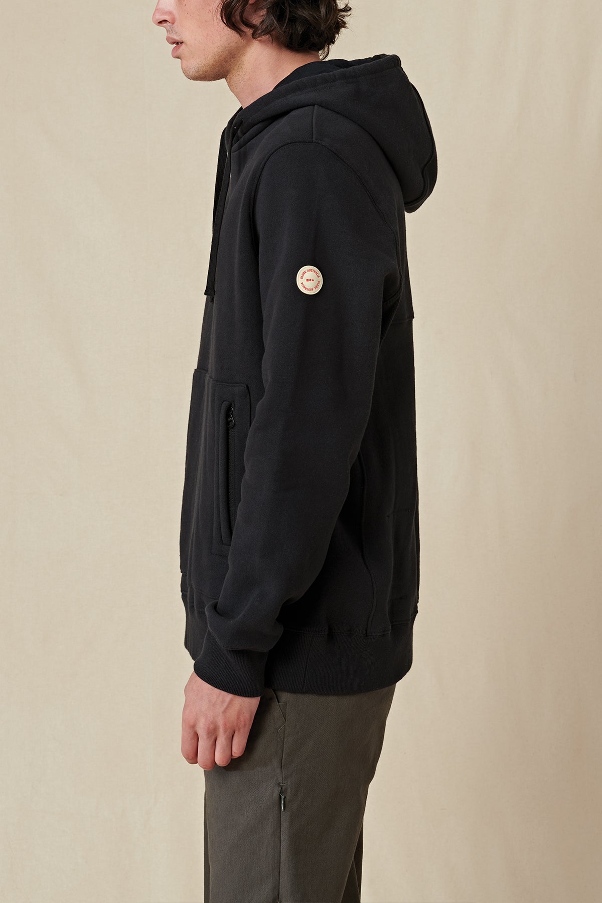 side profile of Black Globe hoodie