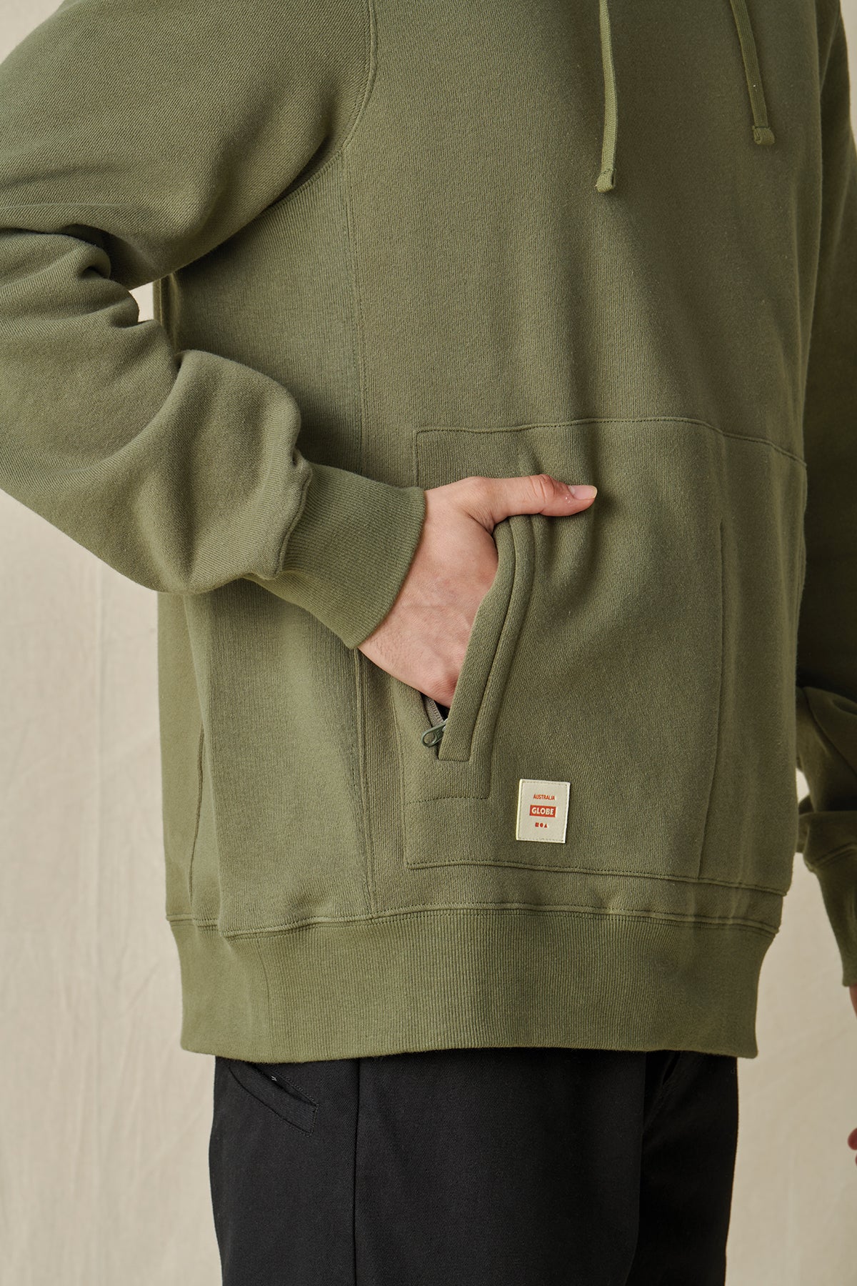 front pocket view of Olive Burly Hoodie