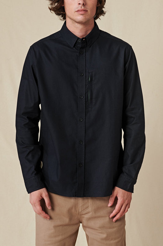 front of Black long sleeve Globe Button up