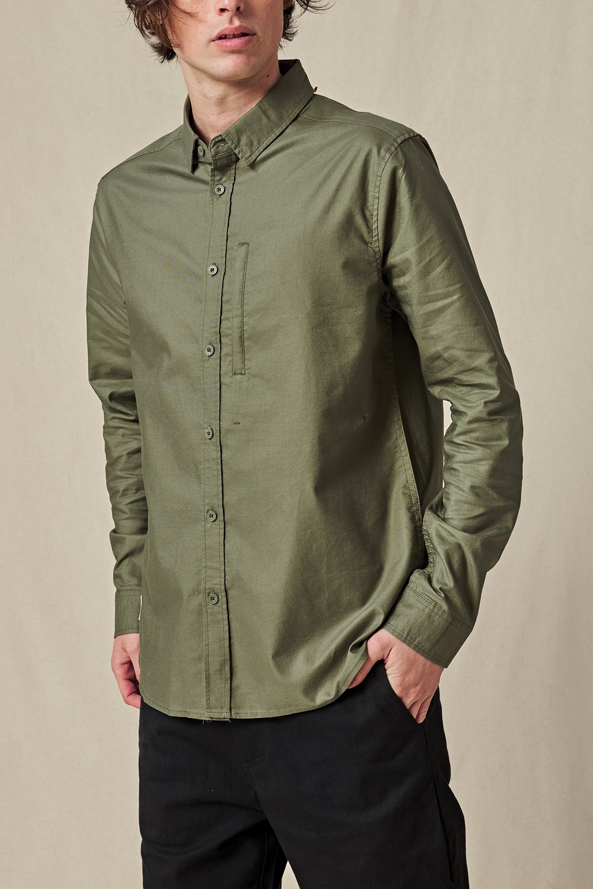 front of Olive long sleeve Globe Button up