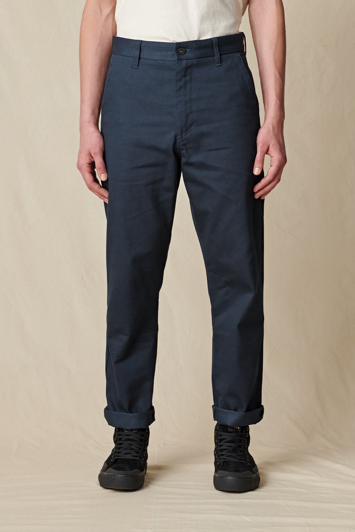 front profile of Navy Globe Pants. 